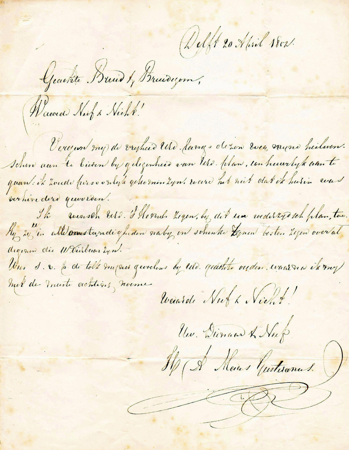 Brief van A. MG uit Delft aan (neef) van Stolk in Rotterdam (1852-04-20)